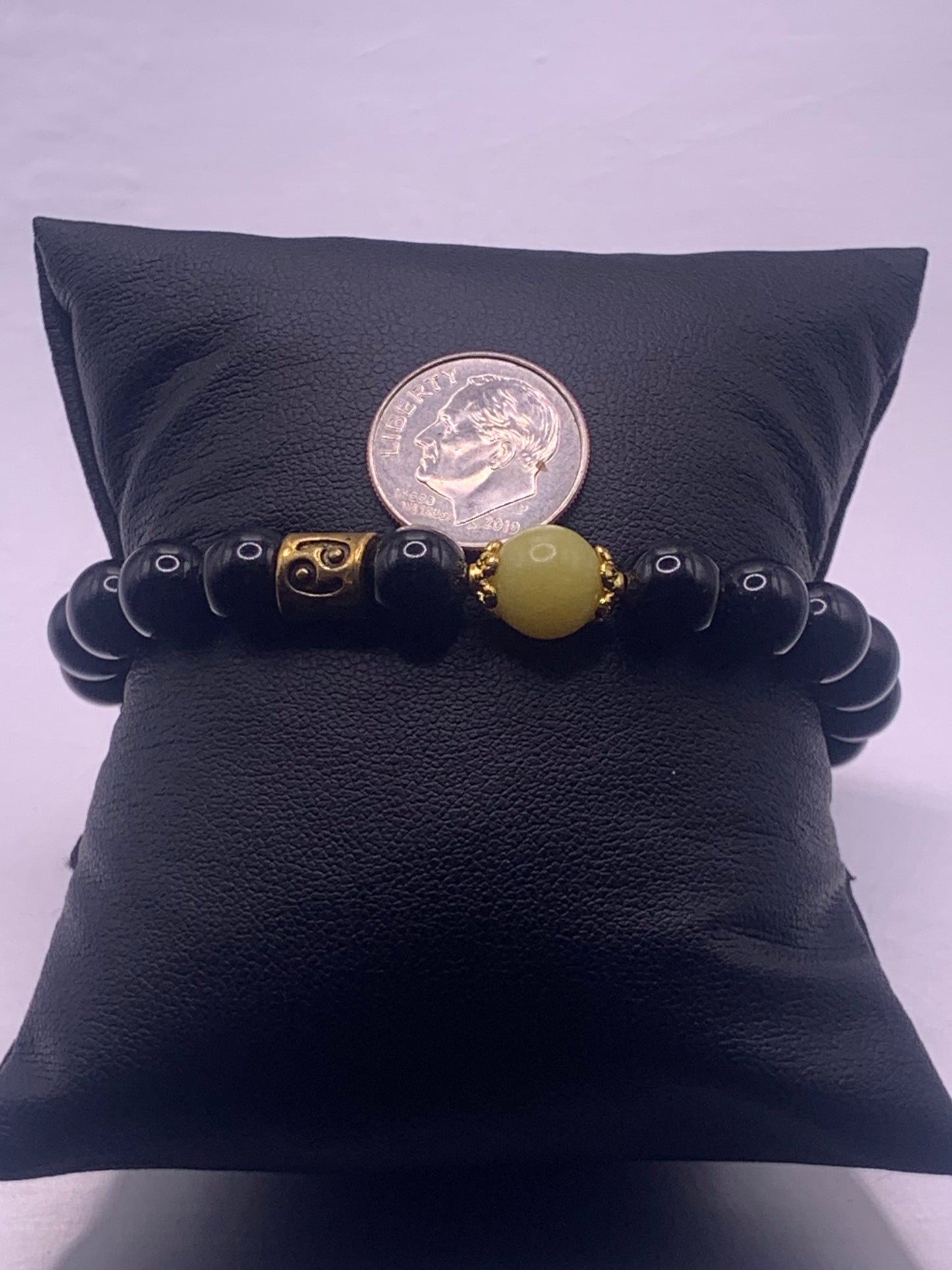 Cancer Zodiac black obsidian with yellow jade semi precious stone/crystal elastic beaded bracelet with gold accents