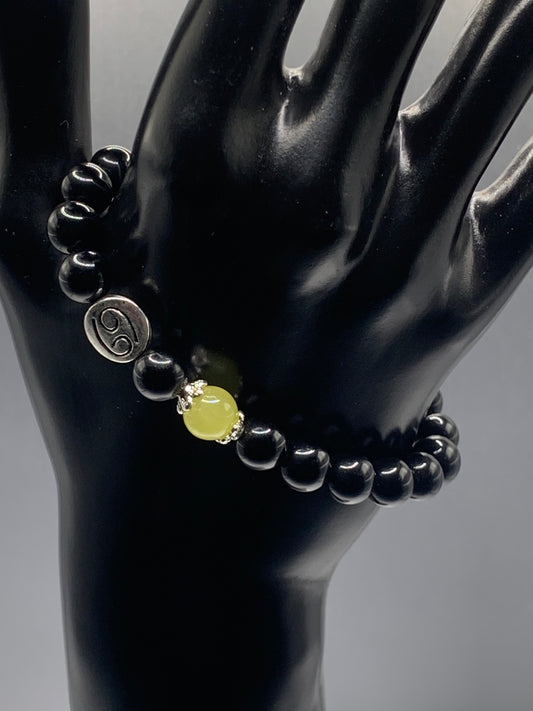 Cancer Zodiac black obsidian with apple agate semi precious stone/crystal elastic beaded bracelet with silver accents