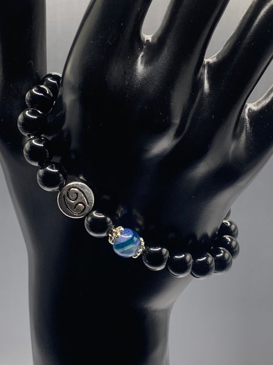 Cancer Zodiac black obsidian with blue lace agate semi precious stone/crystal elastic beaded bracelet with silver accents