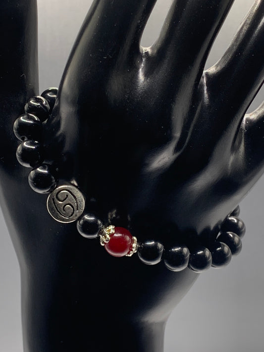 Cancer Zodiac black obsidian with red chalcedony semi precious stone/crystal elastic beaded bracelet with silver accents