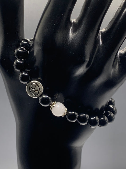 Cancer Zodiac black obsidian with white chalcedony semi precious stone/crystal elastic beaded bracelet with silver accents