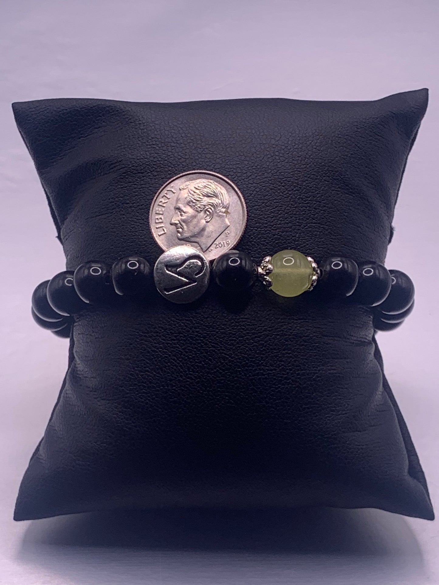 Capricorn Zodiac black obsidian with apple agate elastic beaded bracelet with silver accents