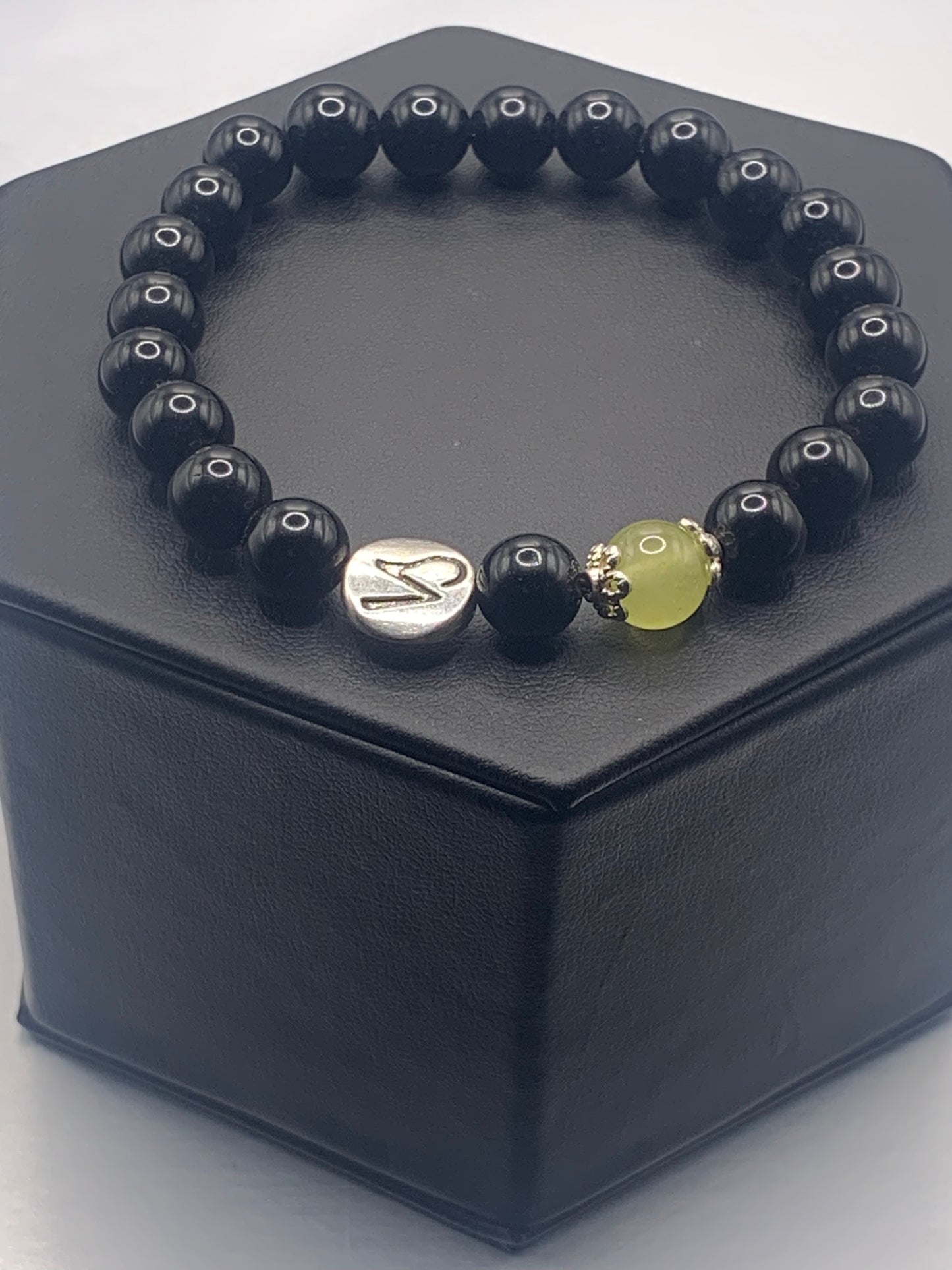 Capricorn Zodiac black obsidian with apple agate elastic beaded bracelet with silver accents