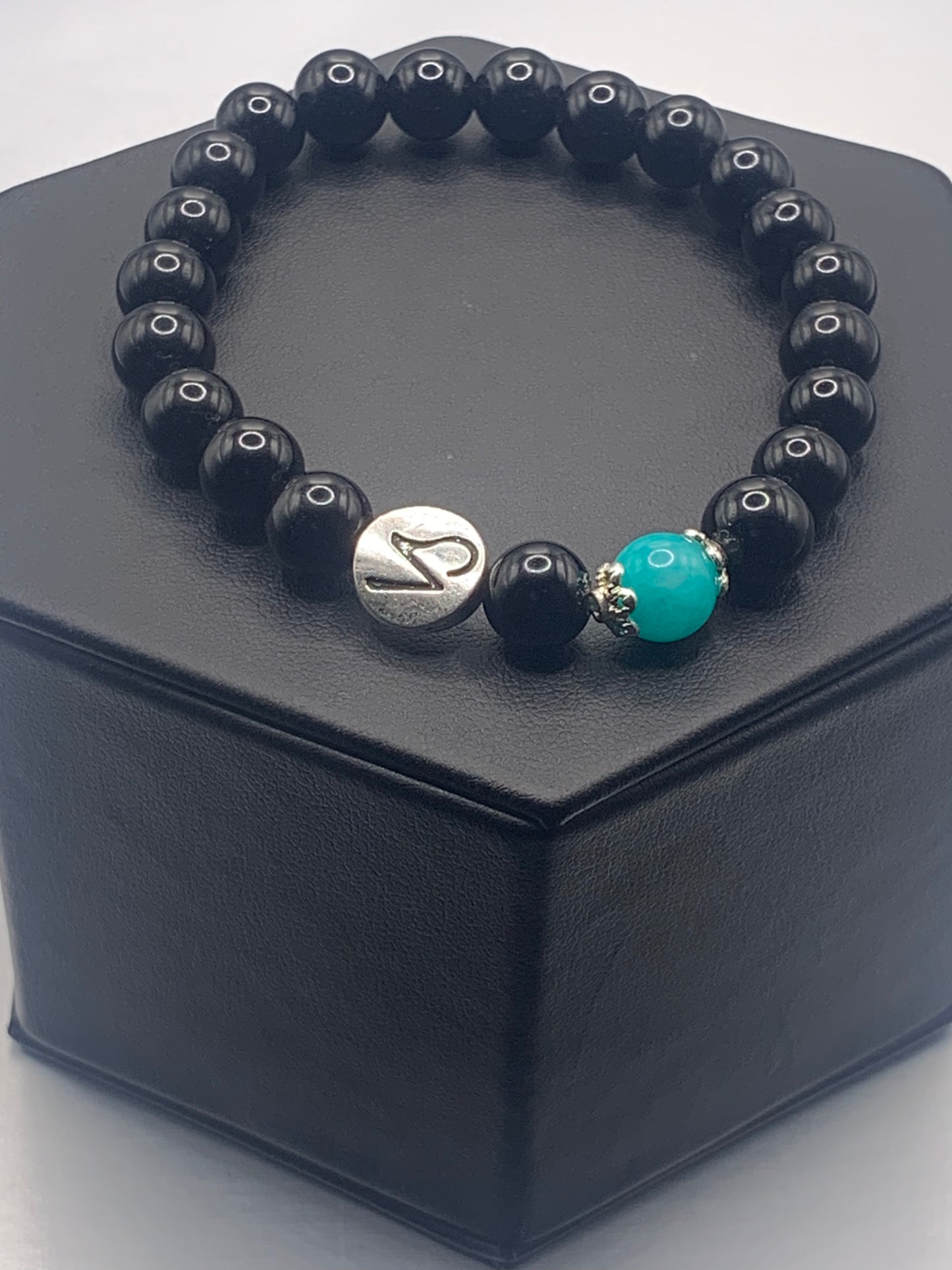 Capricorn Zodiac black obsidian with aquamarine chalcedony elastic beaded bracelet with silver accents