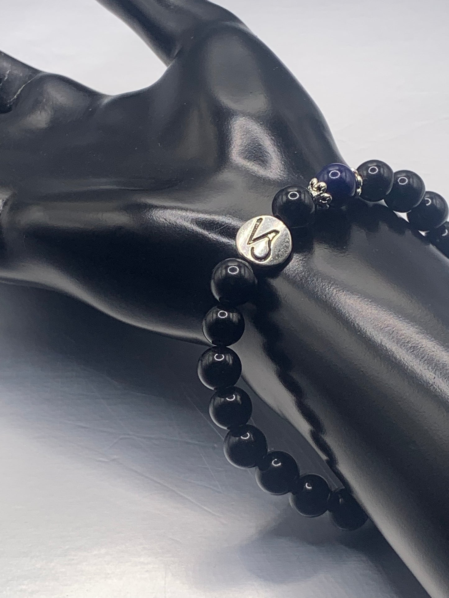 Capricorn Zodiac black obsidian with blue lace agate elastic beaded bracelet with silver accents