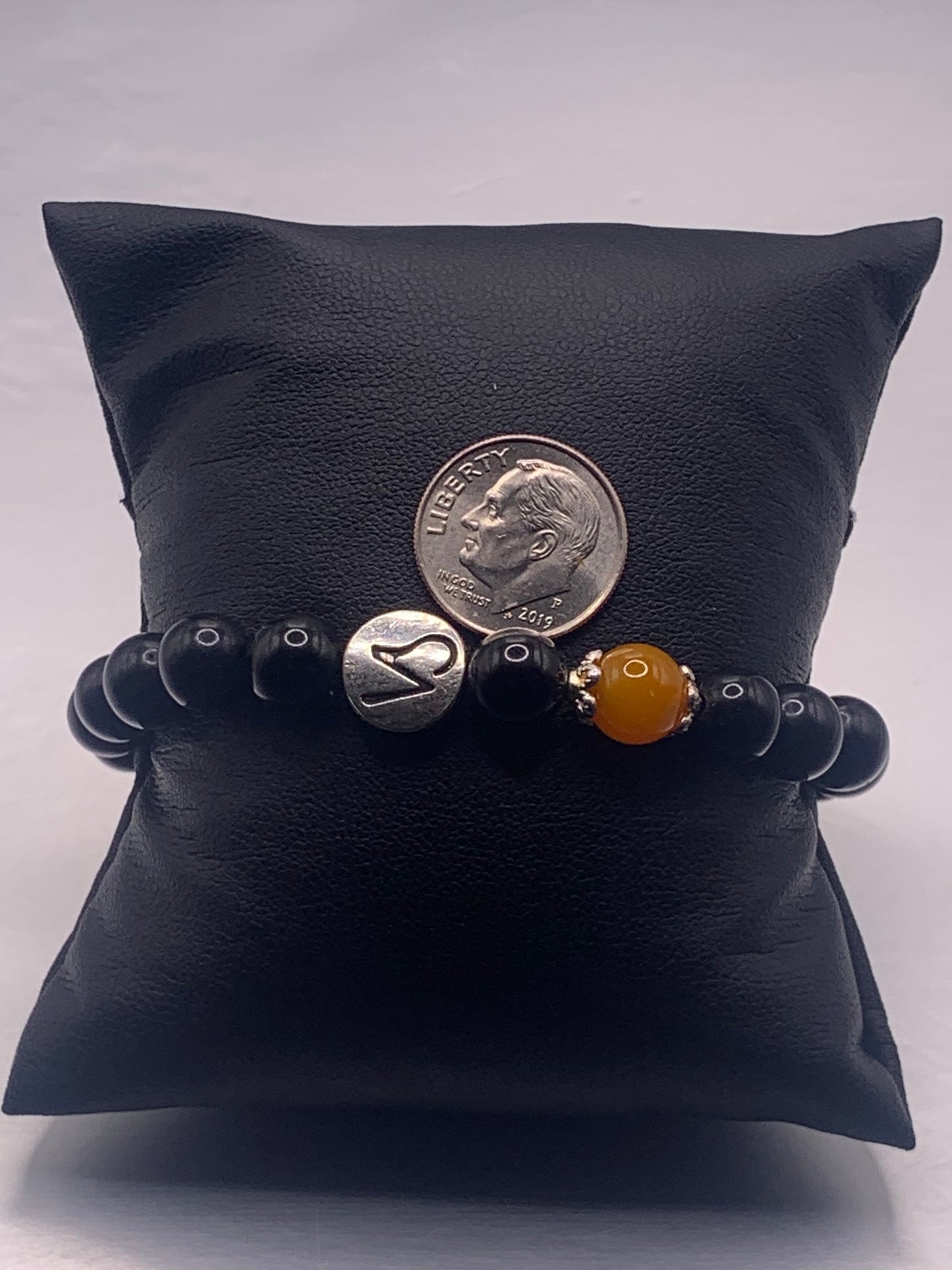 Capricorn Zodiac black obsidian with orange agate elastic beaded bracelet with silver accents