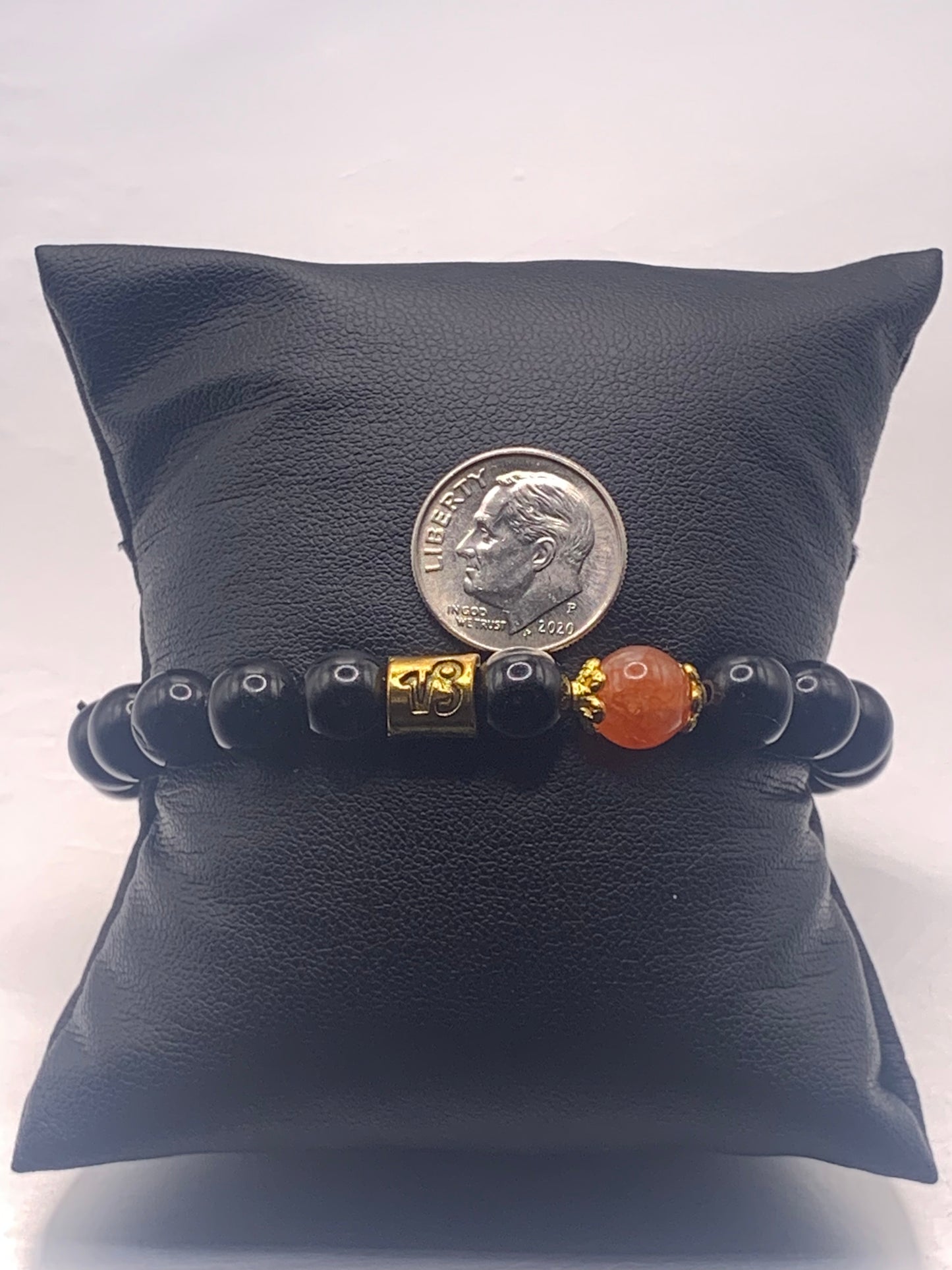 Capricorn Zodiac black obsidian with phoenix agate elastic beaded bracelet with gold accents