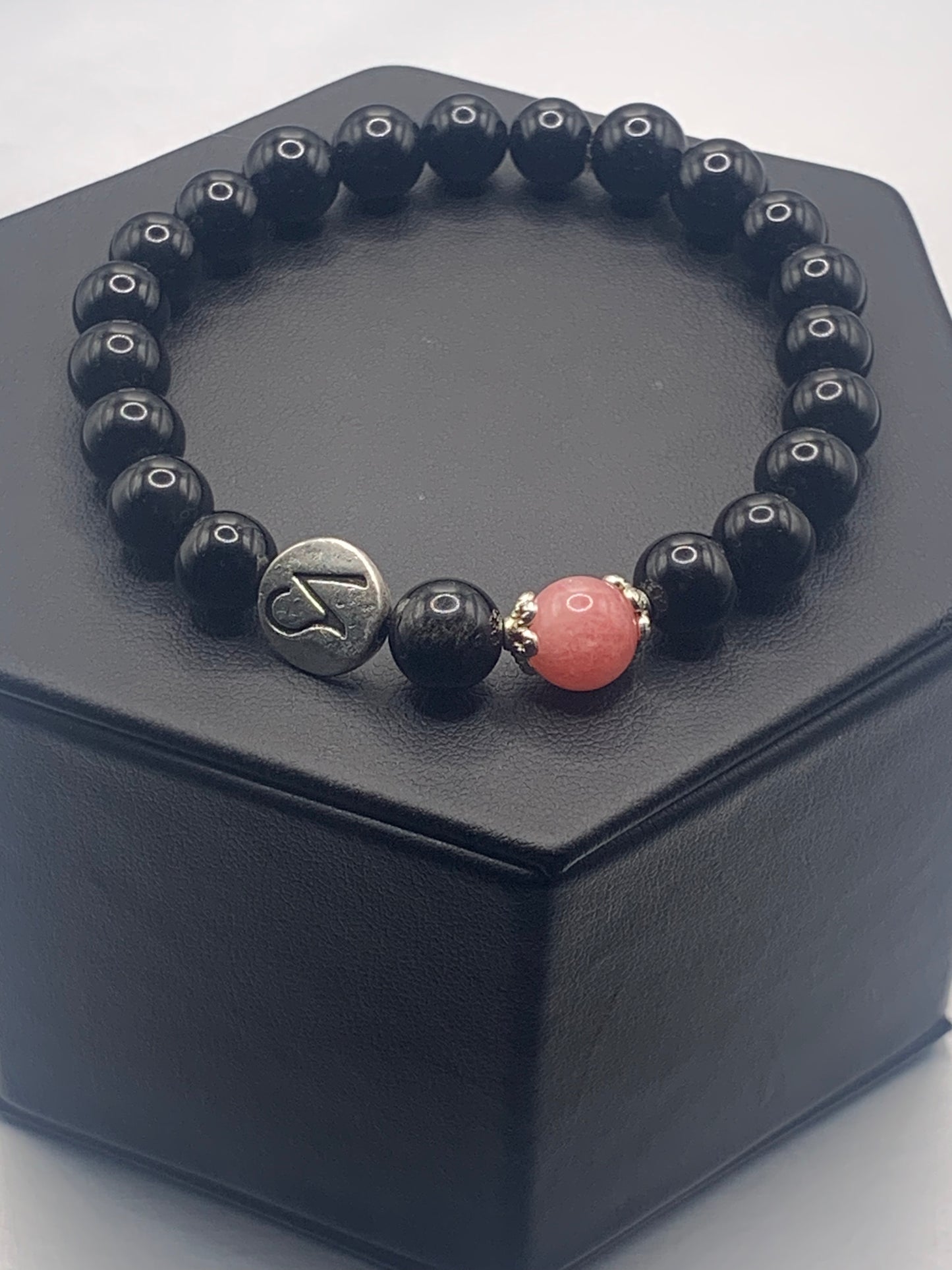Capricorn Zodiac black obsidian with pink chalcedony elastic beaded bracelet with silver accents