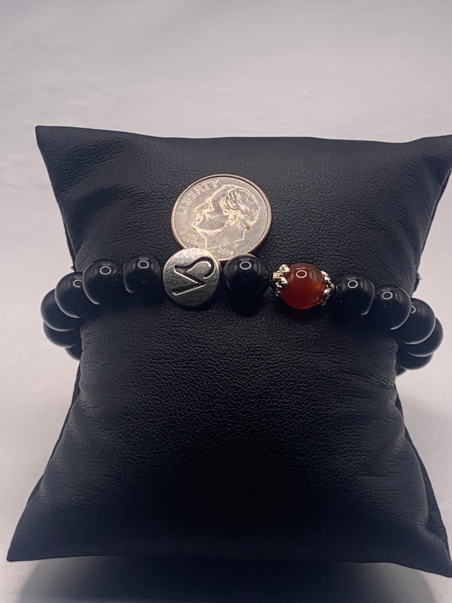 Capricorn Zodiac black obsidian with red agate elastic beaded bracelet with silver accents