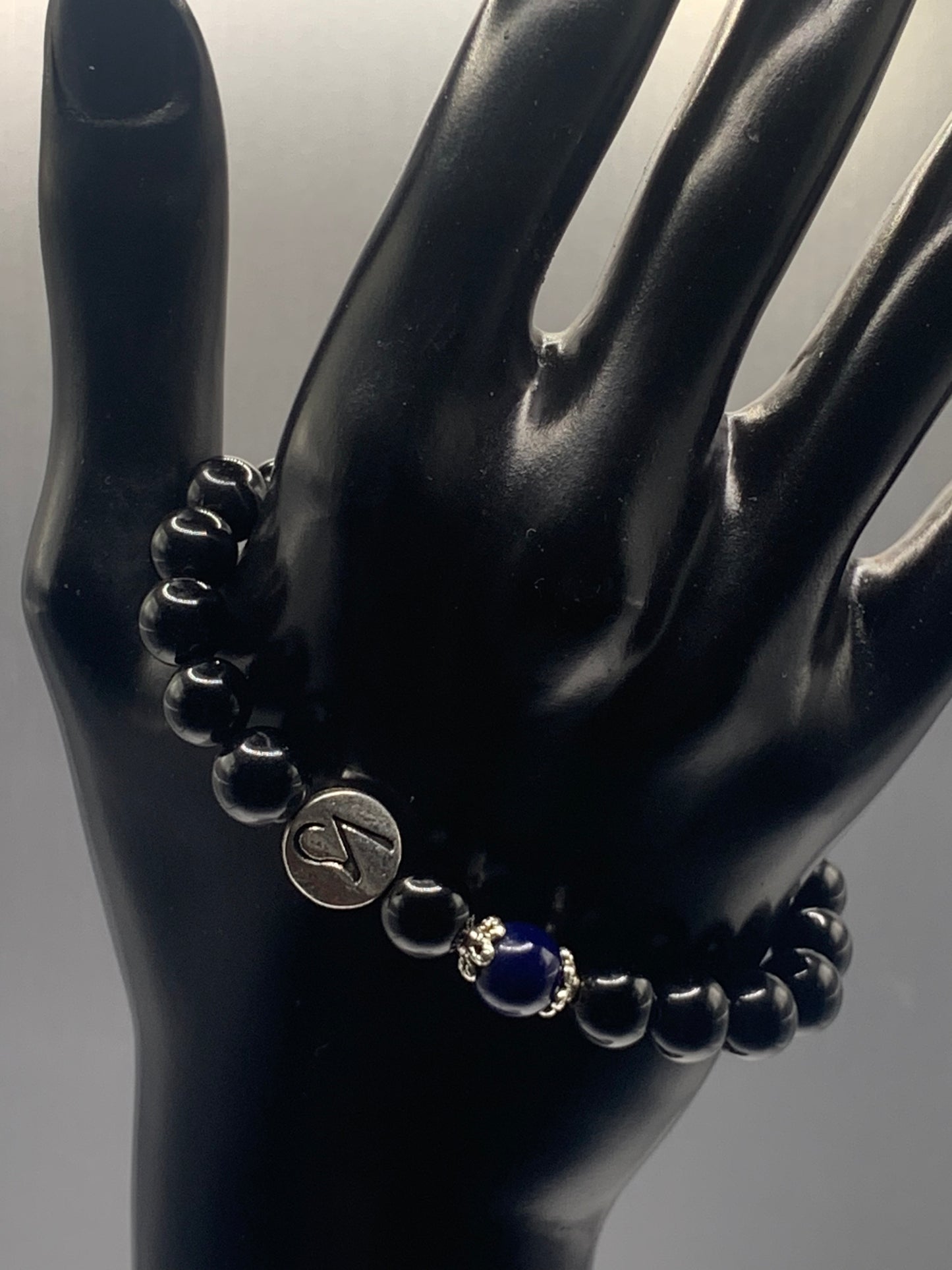 Capricorn Zodiac black obsidian with blue lace agate elastic beaded bracelet with silver accents