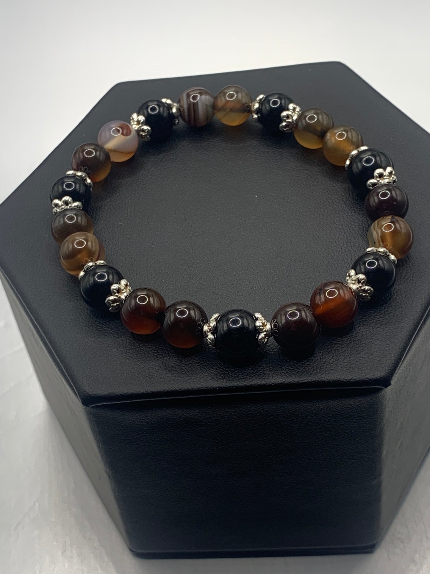 Black obsidian with coffee agate semi precious stone/crystal beaded elastic bracelet with silver plated flower bead caps