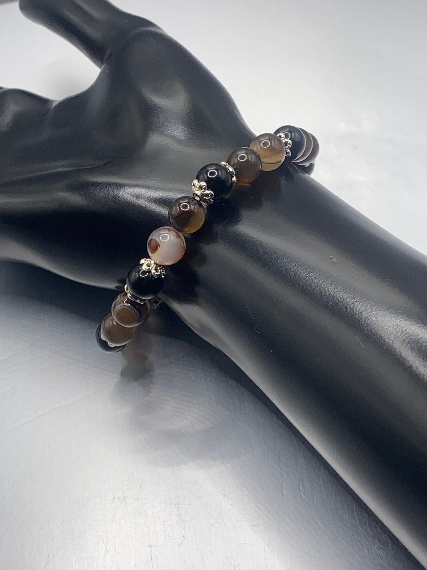 Black obsidian with coffee agate semi precious stone/crystal beaded elastic bracelet with silver plated flower bead caps