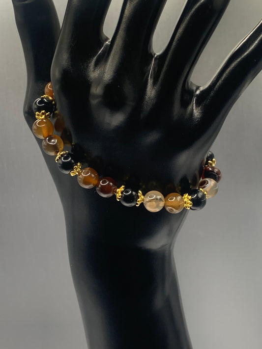 Black obsidian with coffee agate semi precious stone/crystal beaded elastic bracelet with gold plated flower bead caps