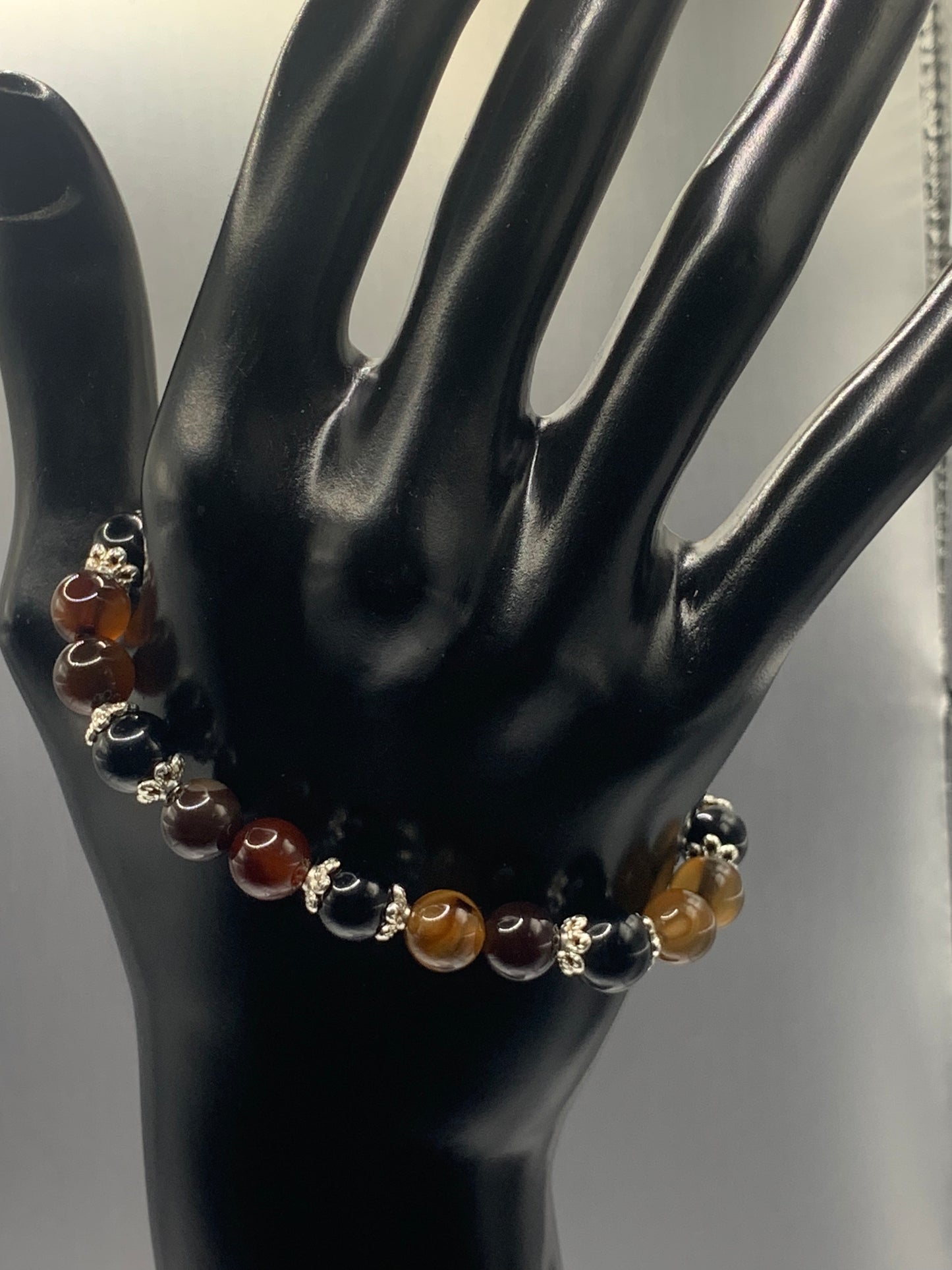 Black obsidian with coffee agate semi precious stone/crystal beaded elastic bracelet with silver plated flower bead caps