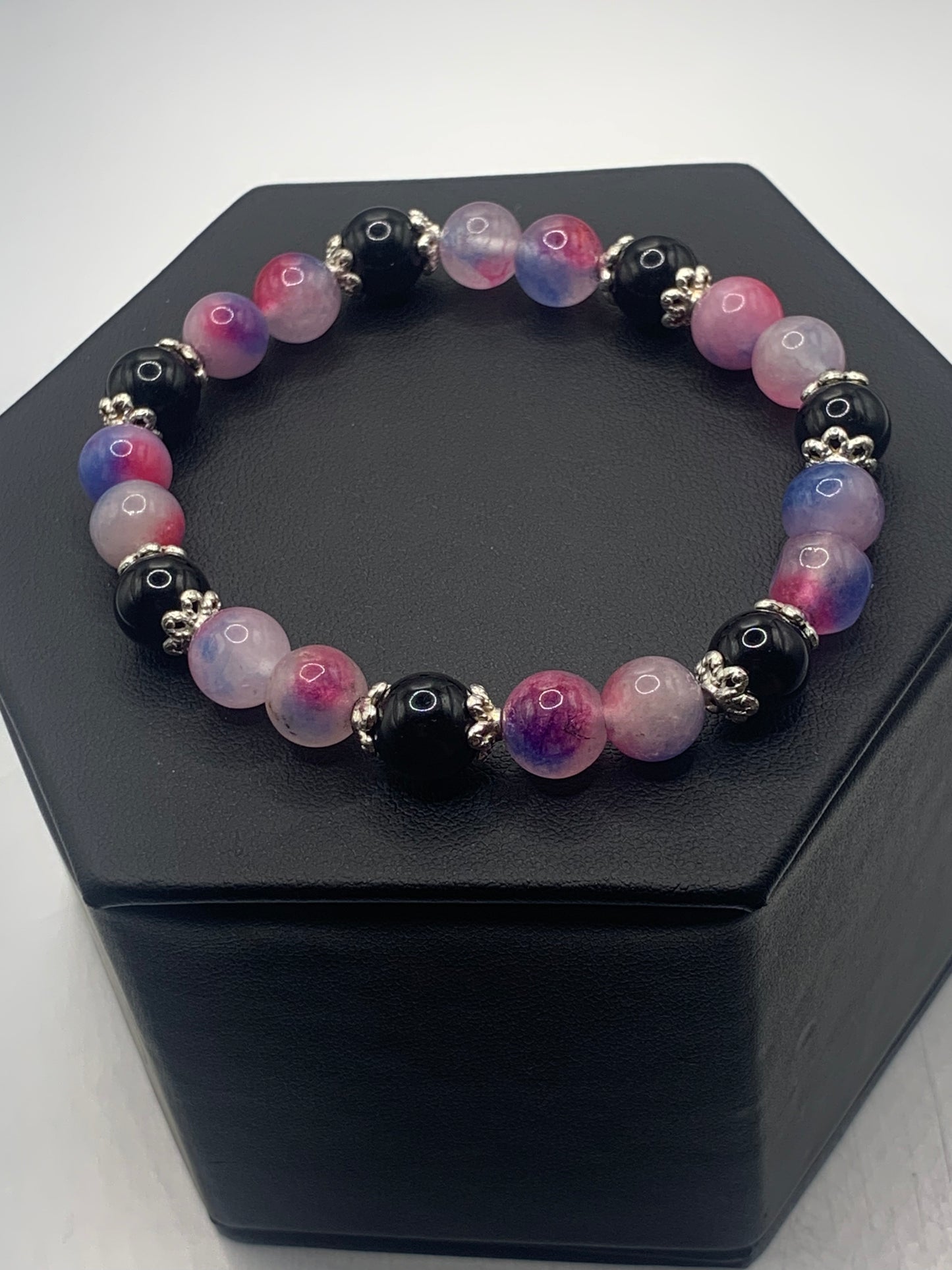 Black obsidian with blue pink chalcedony semi precious stone/crystal beaded elastic bracelet with silver plated flower bead caps