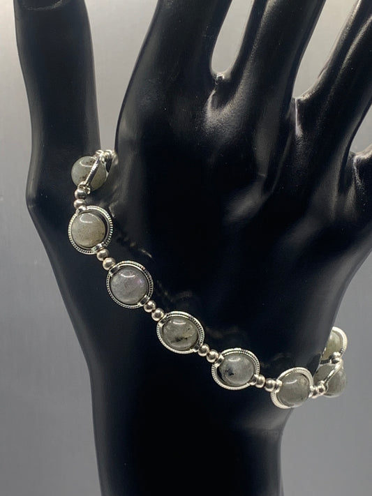 Labradorite semi precious stone/crystal elastic beaded bracelet with silver colored rings