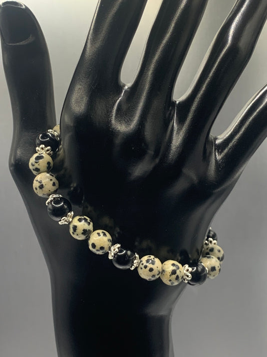 Black obsidian with dalmatian jasper semi precious stone/crystal beaded elastic bracelet with silver plated flower bead caps