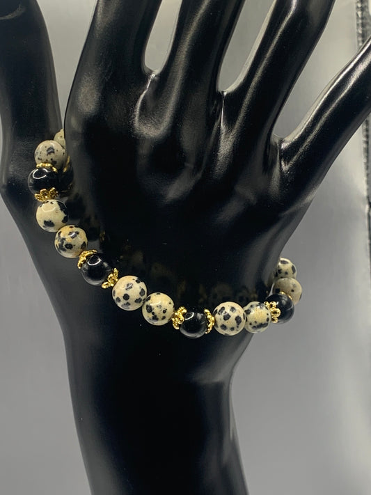 Black obsidian with dalmatian jasper semi precious stone/crystal beaded elastic bracelet with gold plated flower bead caps