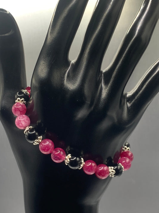 Black obsidian with dark pink chalcedony semi precious stone/crystal beaded elastic bracelet with silver plated flower bead caps