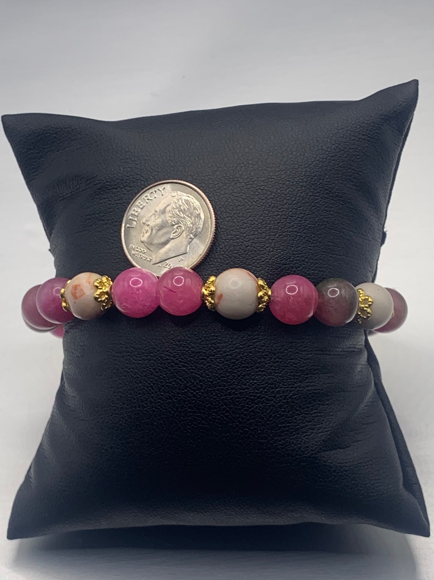 Red vein jasper and datura chalcedony semi precious stone/crystal elastic beaded bracelet with gold plated flower bead caps
