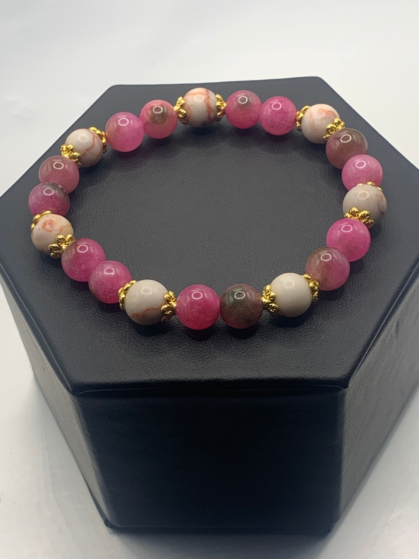 Red vein jasper and datura chalcedony semi precious stone/crystal elastic beaded bracelet with gold plated flower bead caps