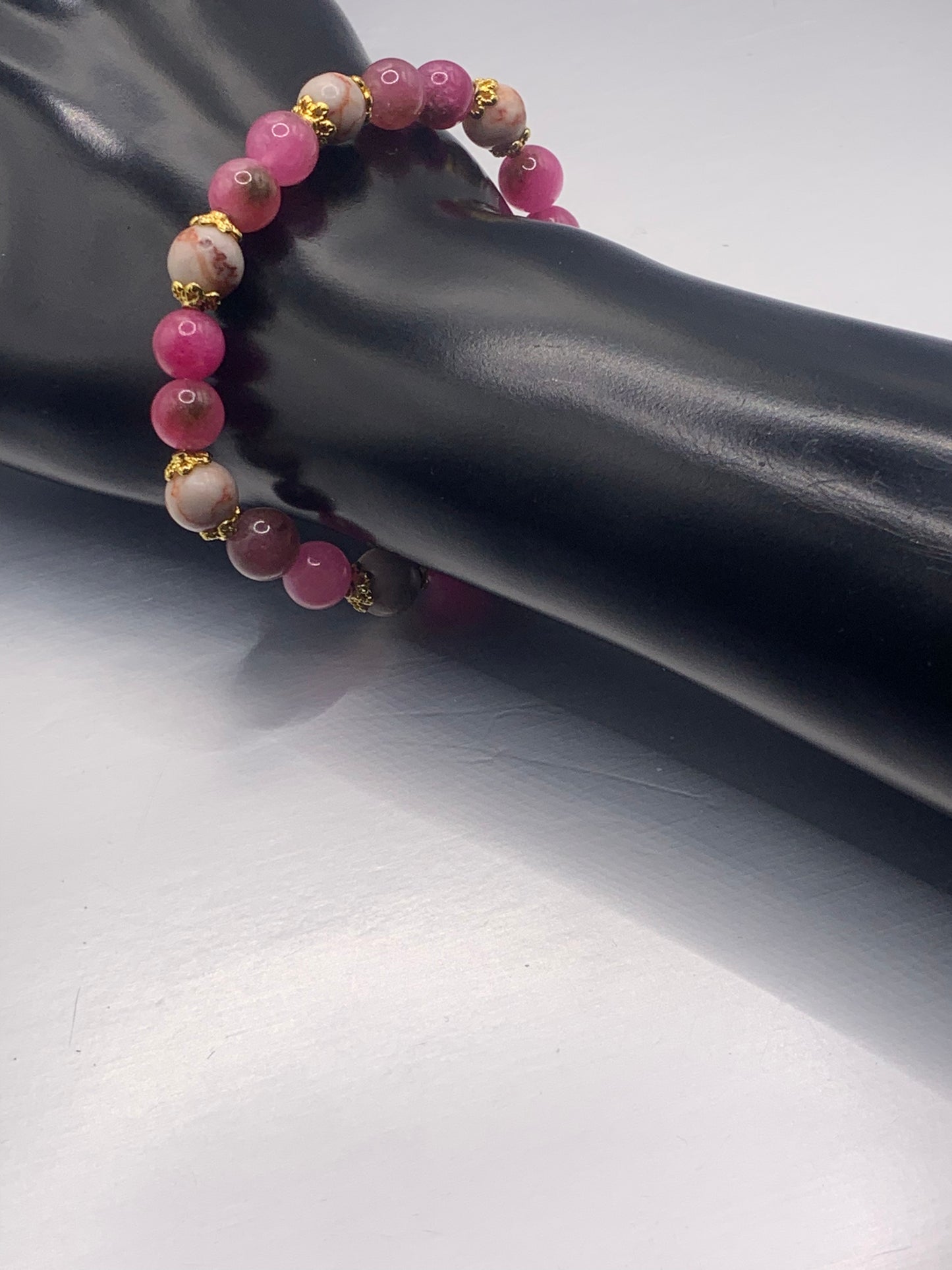 Red vein jasper and datura chalcedony semi precious stone/crystal elastic beaded bracelet with gold plated flower bead caps