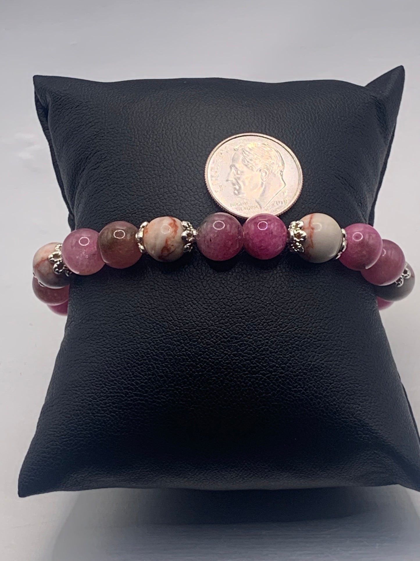 Red vein jasper and datura chalcedony semi precious stone/crystal elastic beaded bracelet with silver plated flower bead caps