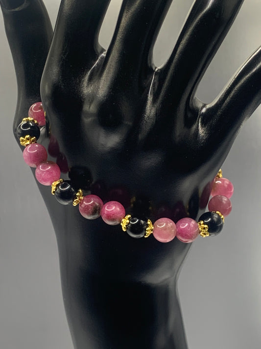 Black obsidian with datura chalcedony semi precious stone/crystal beaded elastic bracelet with gold plated flower bead caps