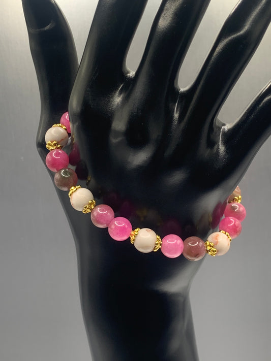 Red vein jasper and datura chalcedony semi precious stone/crystal elastic beaded bracelet with gold plated flower bead caps