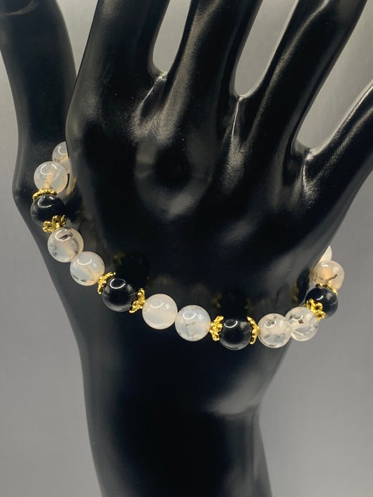 Black obsidian with dragon vein agate semi precious stone/crystal beaded elastic bracelet with gold plated flower bead caps
