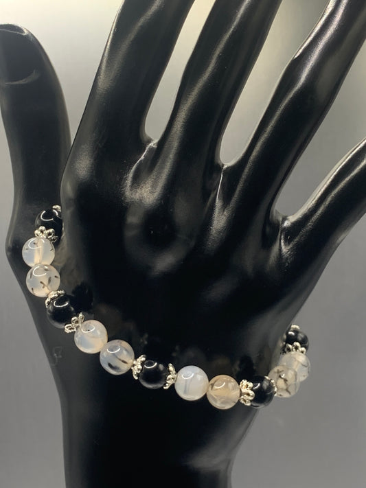 Black obsidian with dragon vein agate semi precious stone/crystal beaded elastic bracelet with silver plated flower bead caps
