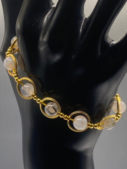 Dragon vein agate semi precious stone/crystal elastic beaded bracelet with gold colored rings