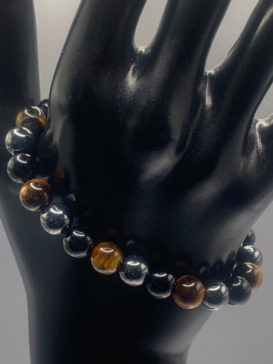 Hematite, black obsidian, and brown tigers eye semi precious stone/crystal elastic beaded bracelet