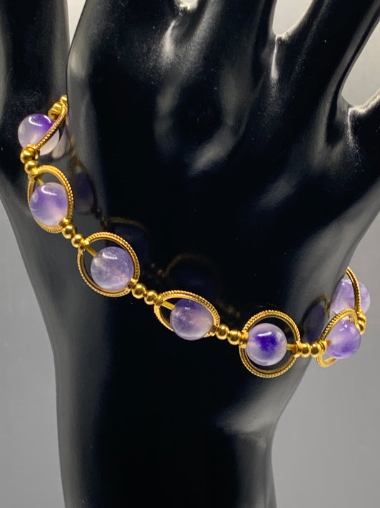 Ice blue agate semi precious stone/crystal elastic beaded bracelet with gold colored rings