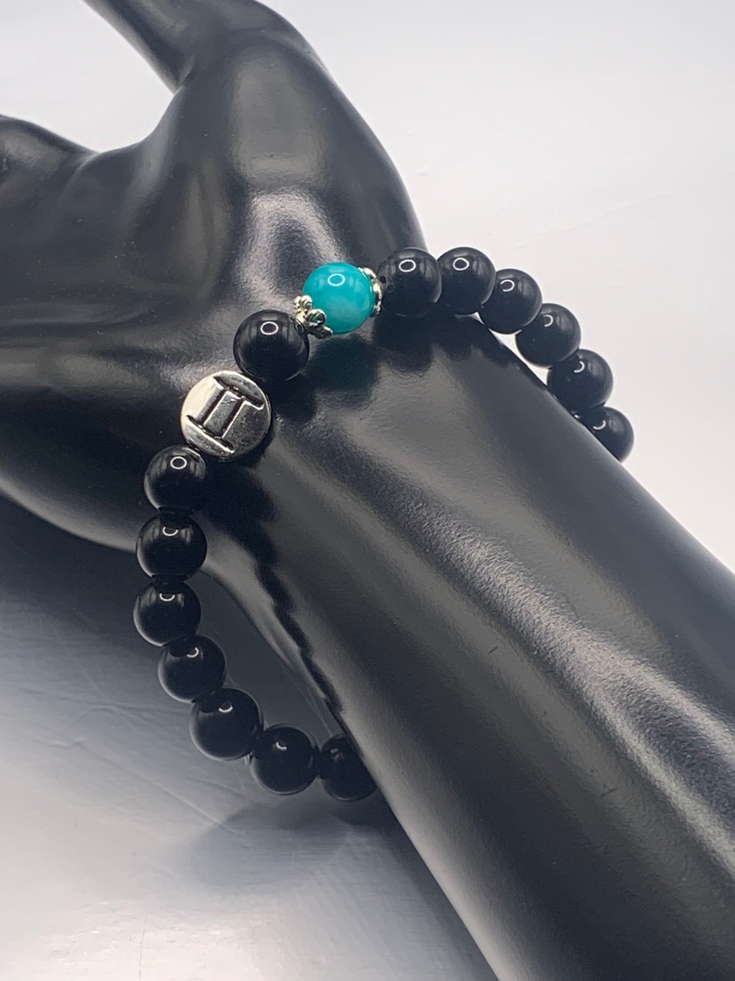 Gemini Zodiac black obsidian with aquamarine chalcedony elastic beaded bracelet with silver accents