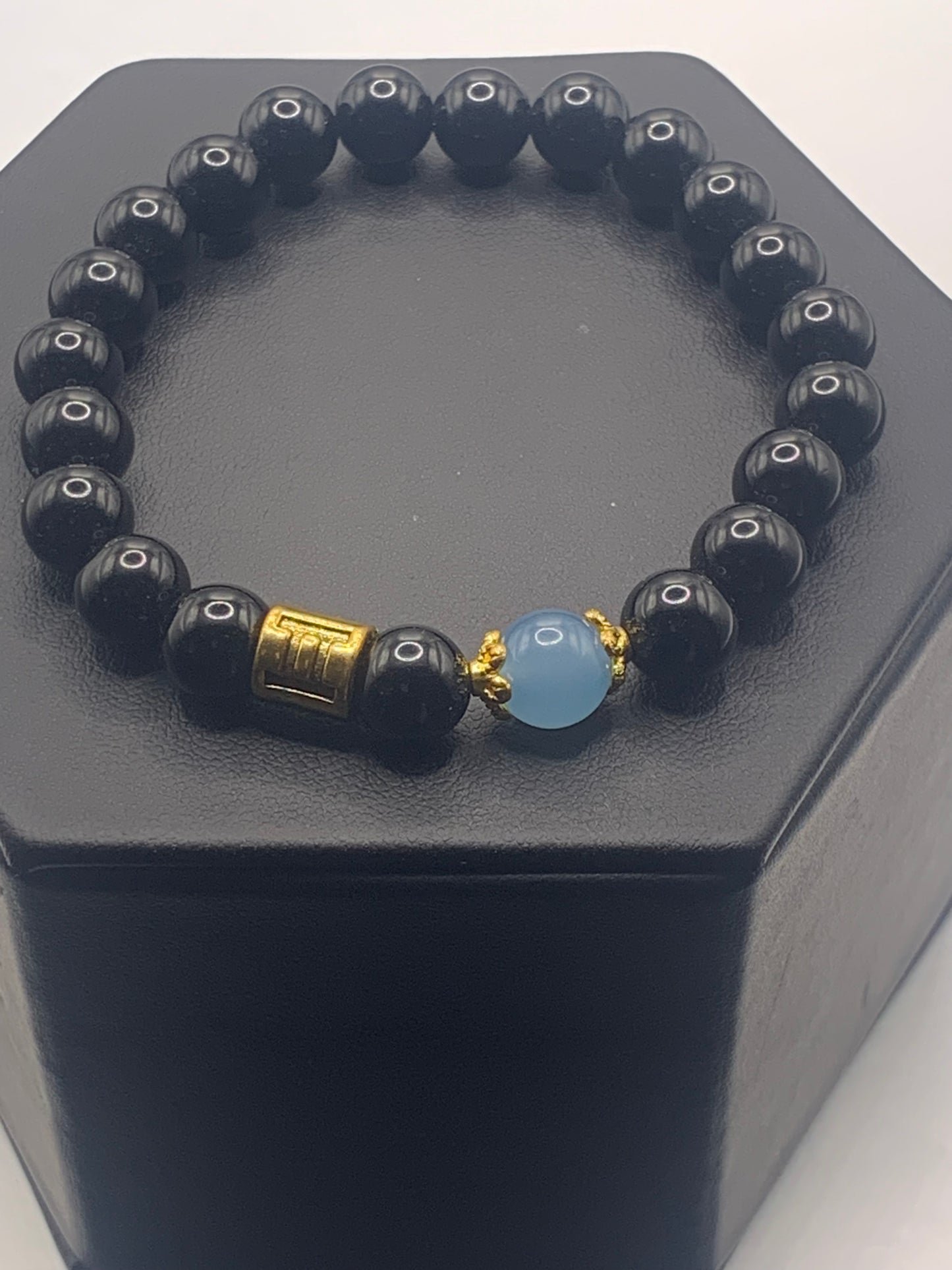Gemini Zodiac black obsidian with blue agate elastic beaded bracelet with gold accents