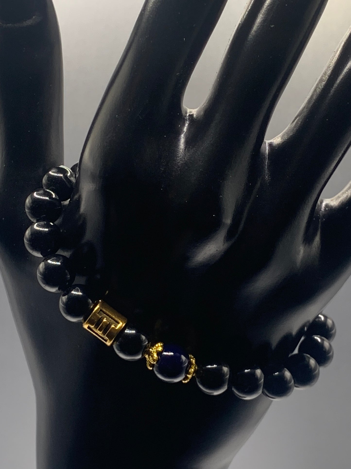 Gemini Zodiac black obsidian with blue lace agate elastic beaded bracelet with gold accents