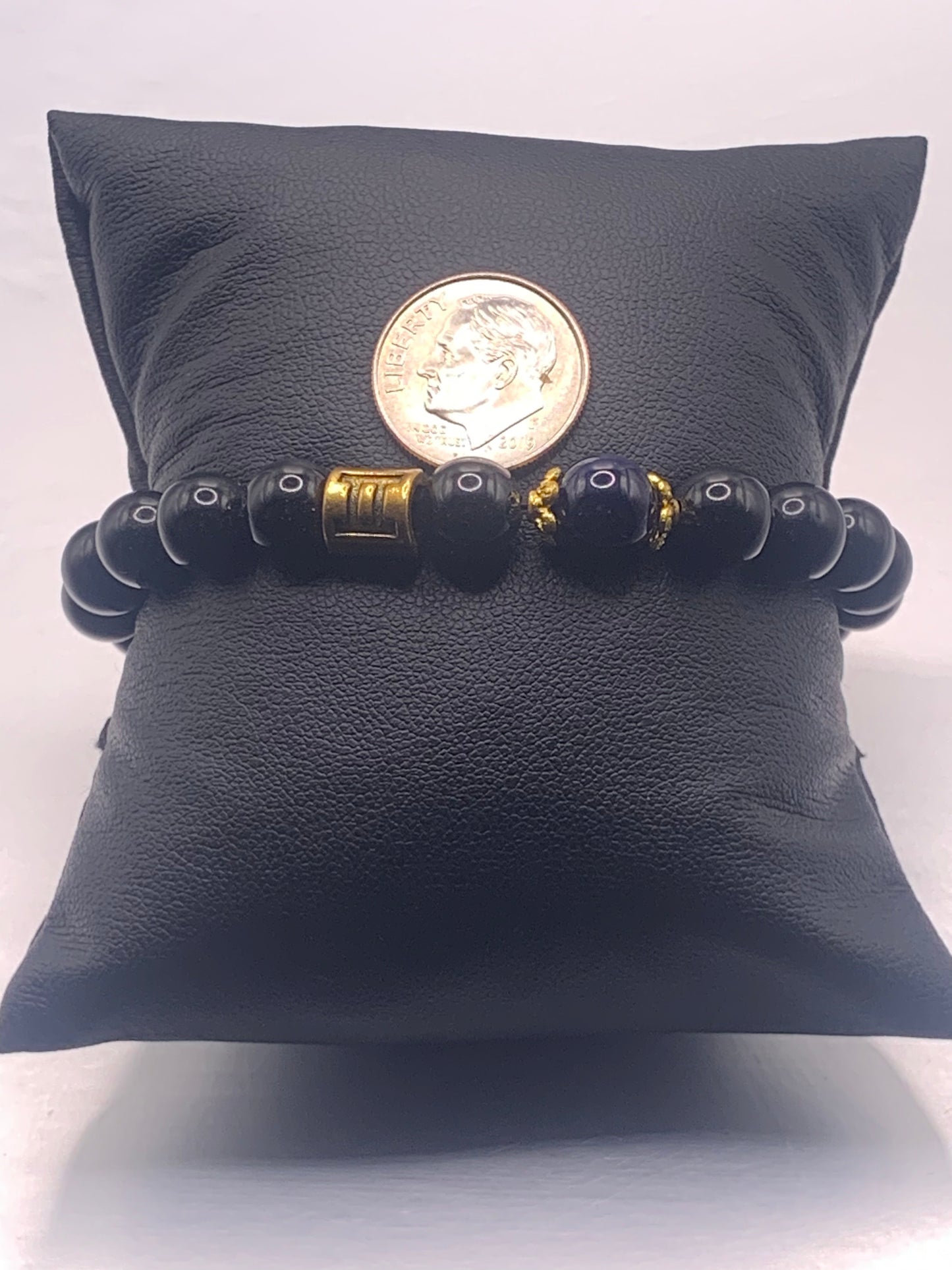Gemini Zodiac black obsidian with blue lace agate elastic beaded bracelet with gold accents