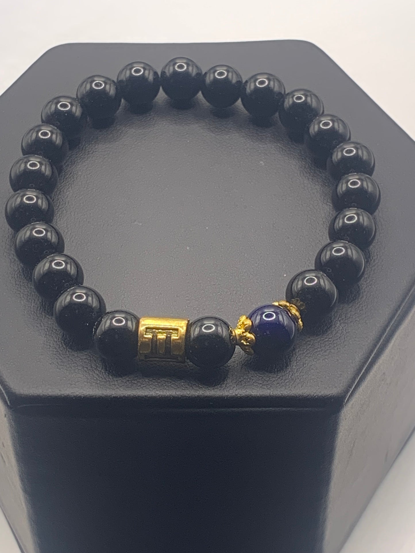 Gemini Zodiac black obsidian with blue lace agate elastic beaded bracelet with gold accents