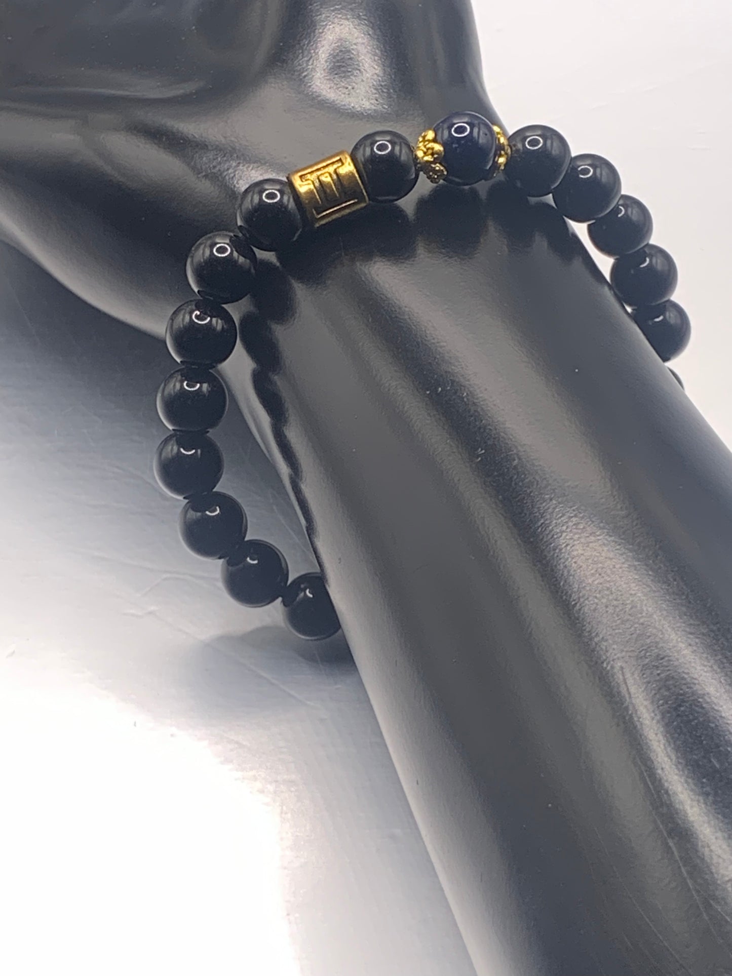Gemini Zodiac black obsidian with blue lace agate elastic beaded bracelet with gold accents