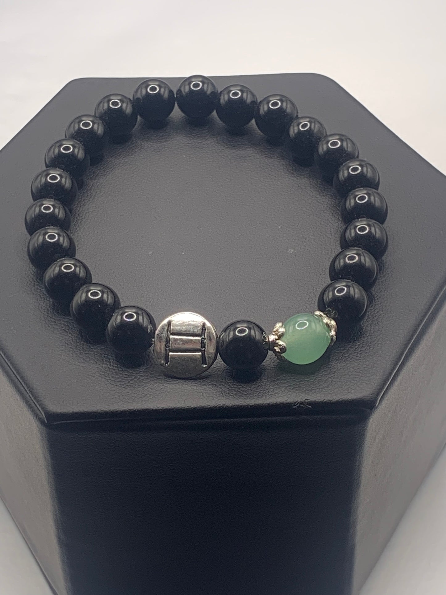Gemini Zodiac black obsidian with green aventurine elastic beaded bracelet with silver accents