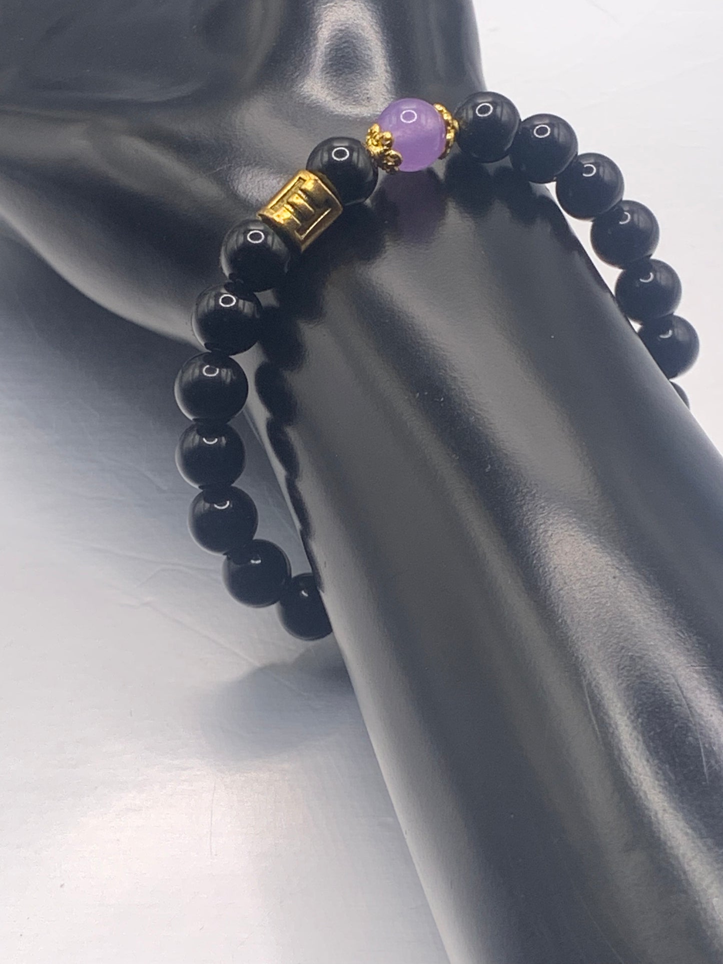 Gemini Zodiac black obsidian with lavender agate elastic beaded bracelet with gold accents