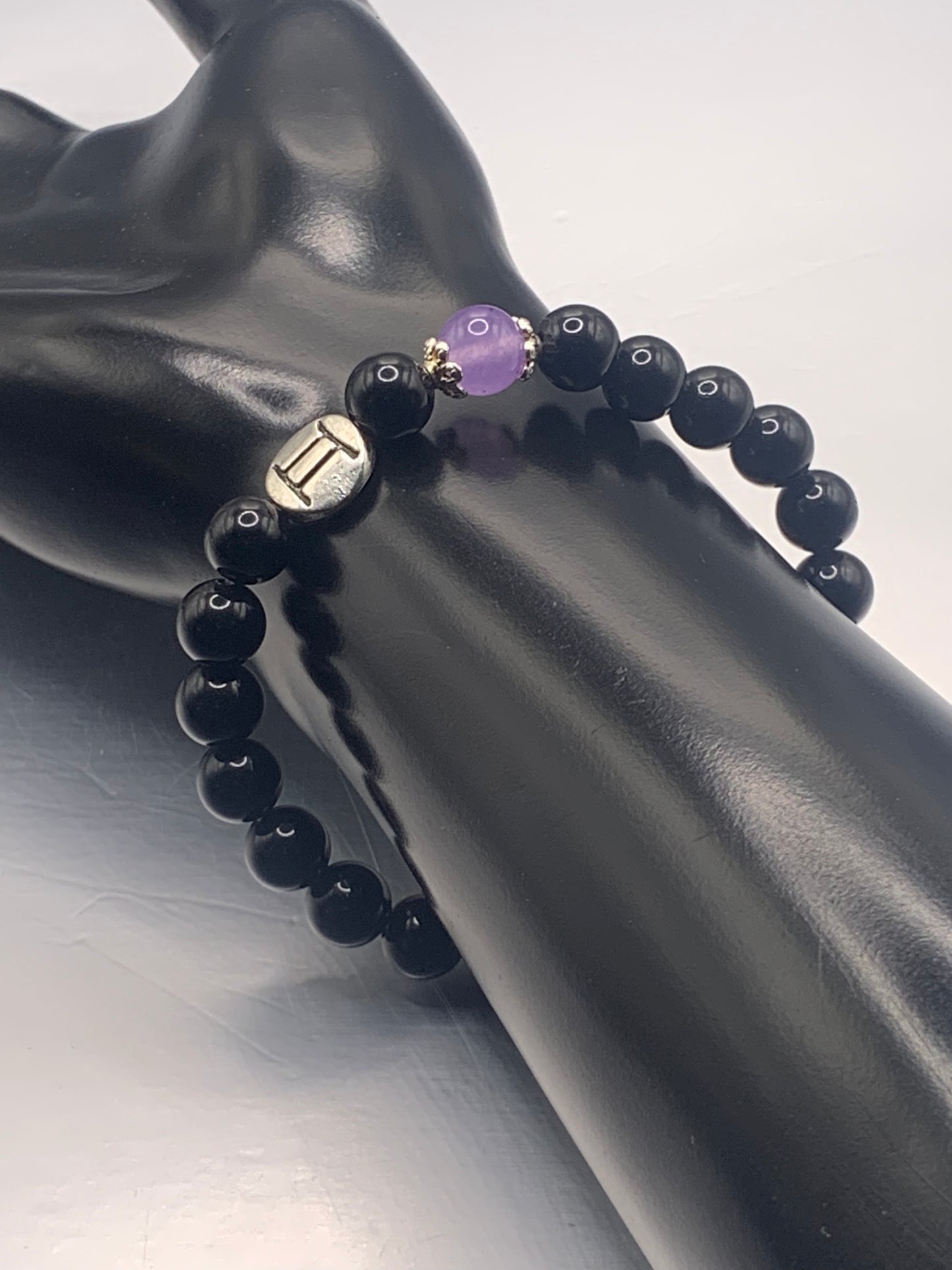Gemini Zodiac black obsidian with lavender agate elastic beaded bracelet with silver accents