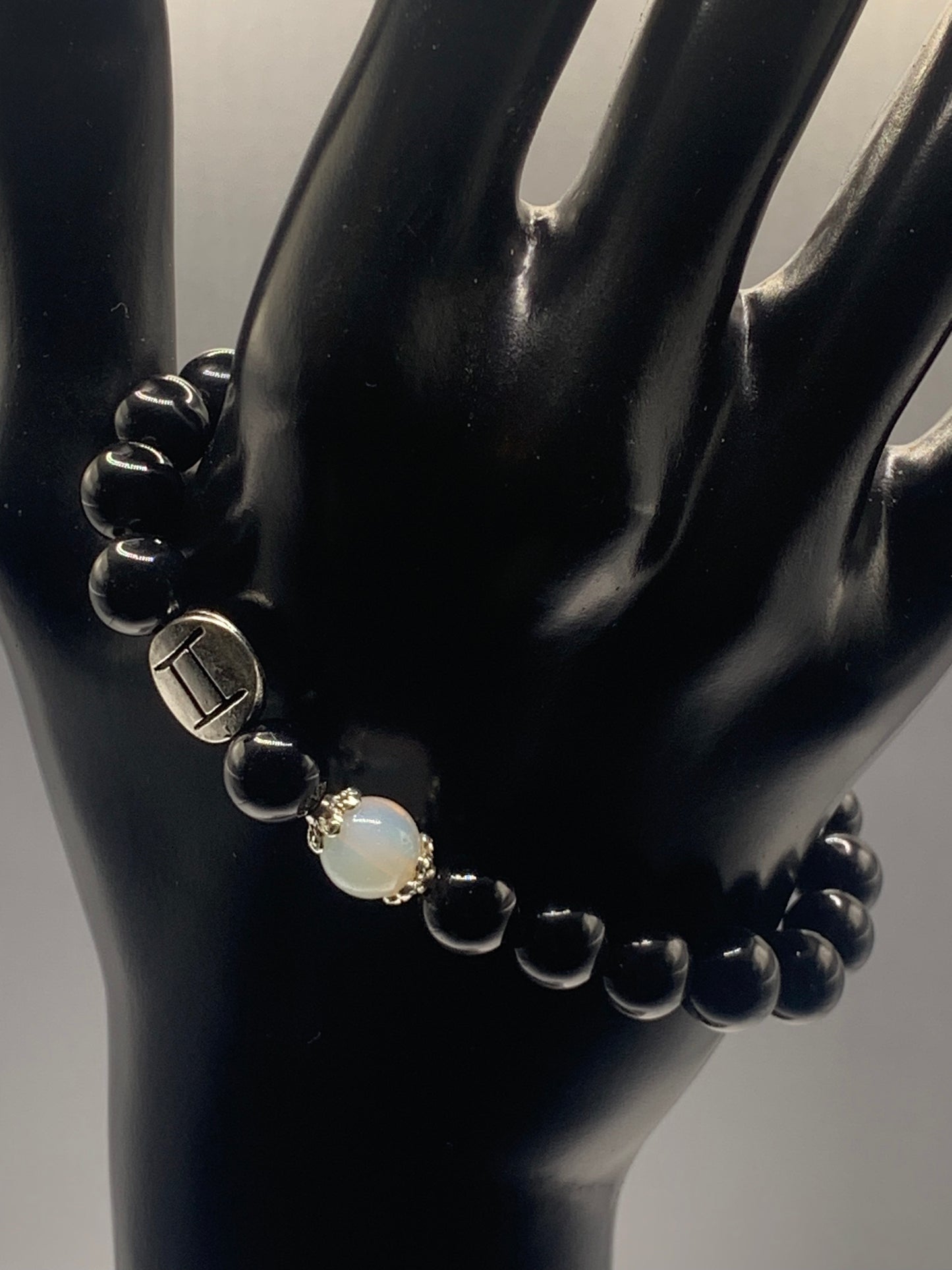 Gemini Zodiac black obsidian with opalite elastic beaded bracelet with silver accents