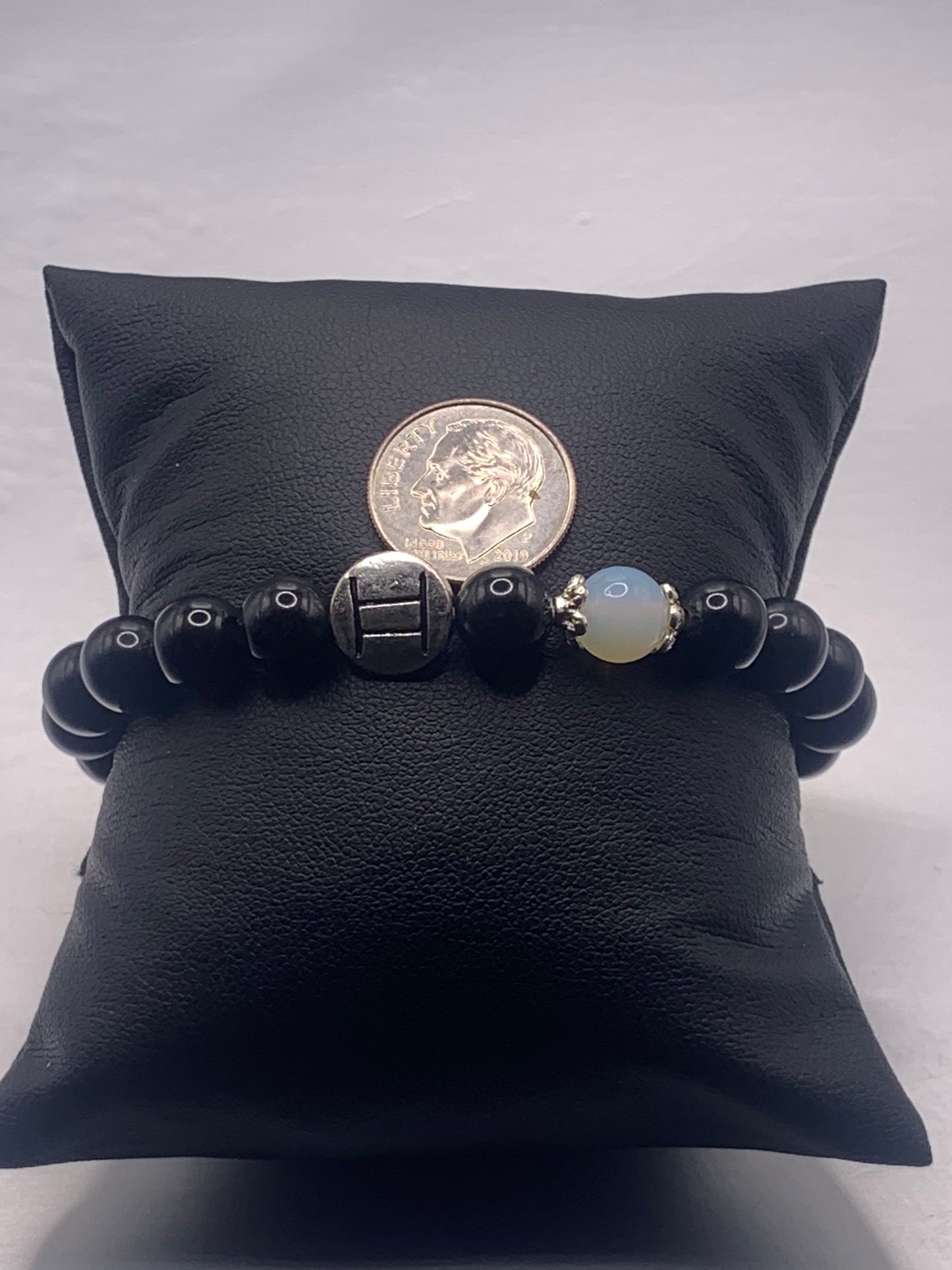 Gemini Zodiac black obsidian with opalite elastic beaded bracelet with silver accents