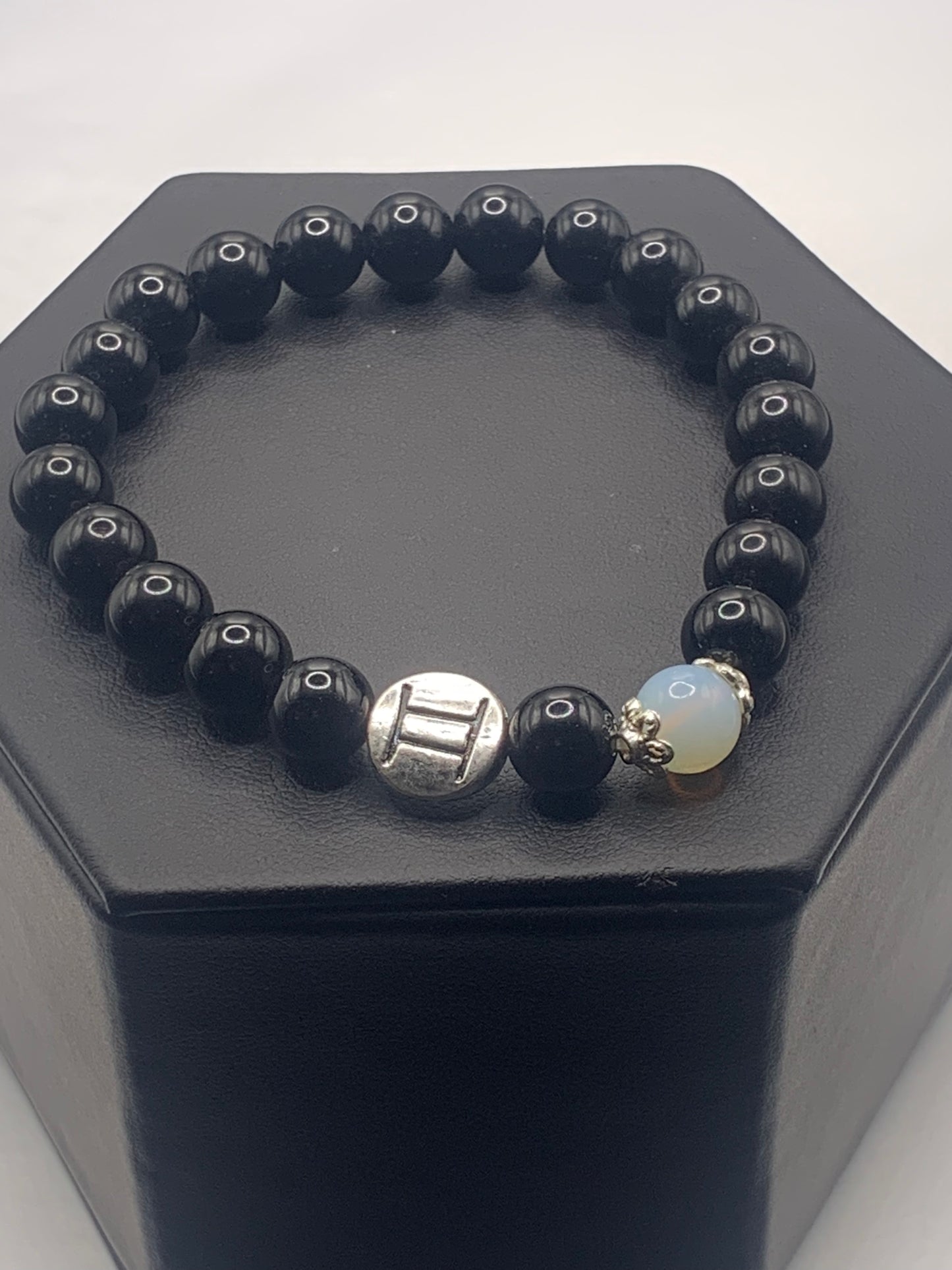 Gemini Zodiac black obsidian with opalite elastic beaded bracelet with silver accents