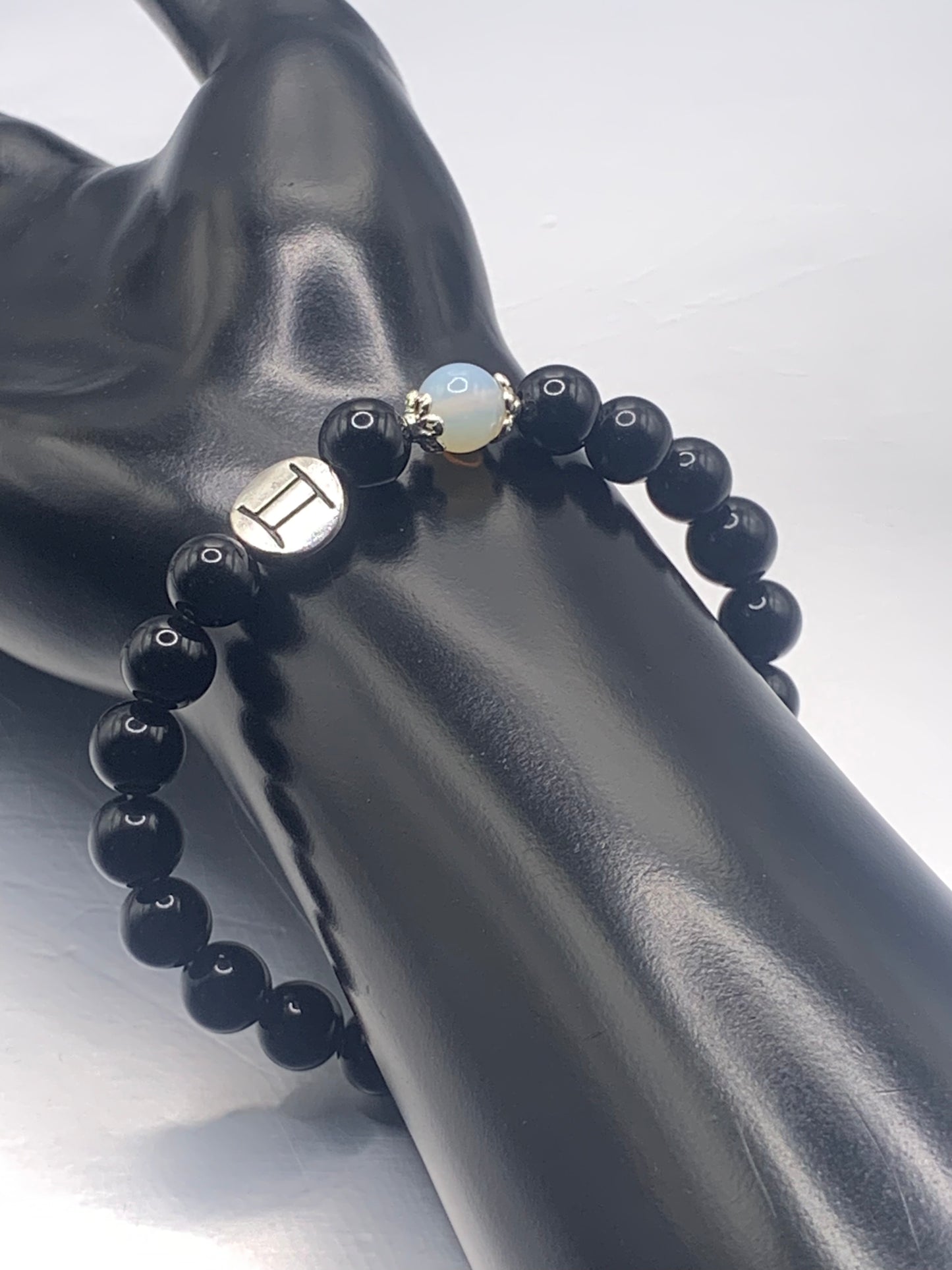 Gemini Zodiac black obsidian with opalite elastic beaded bracelet with silver accents