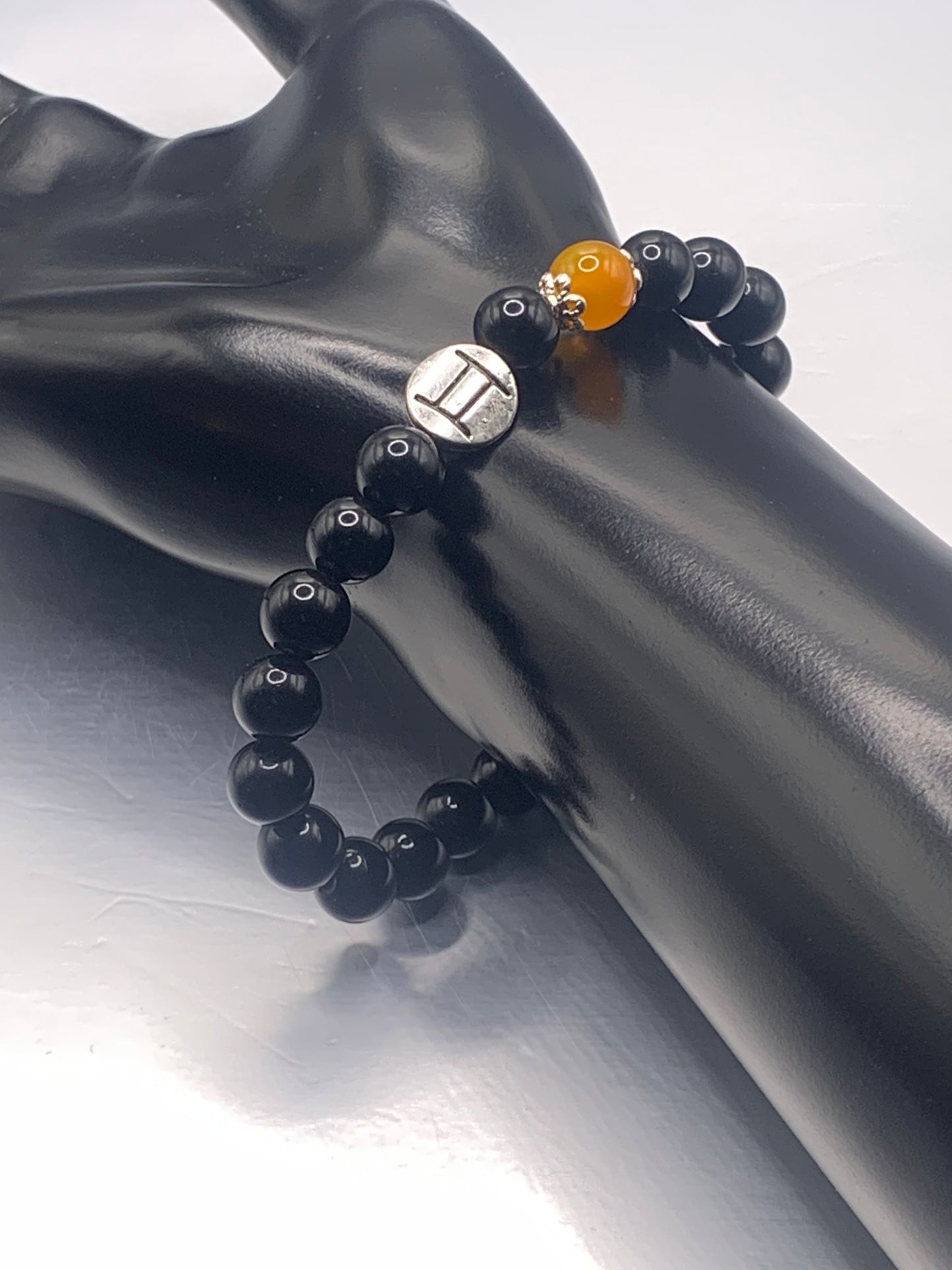 Gemini Zodiac black obsidian with orange agate elastic beaded bracelet with silver accents