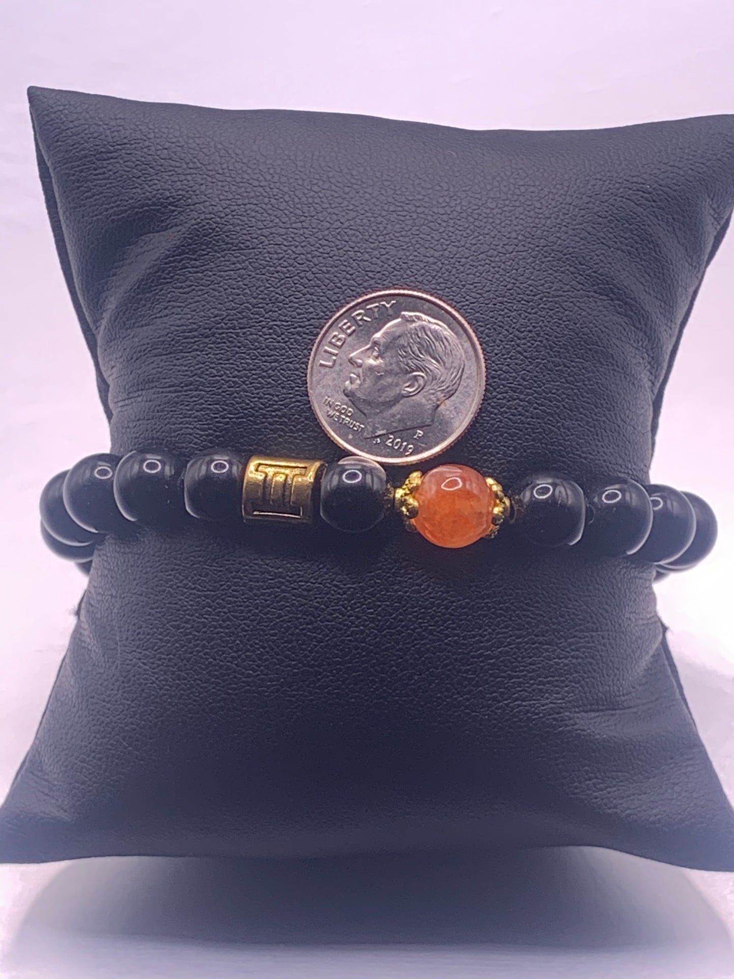 Gemini Zodiac black obsidian with phoenix agate elastic beaded bracelet with gold accents