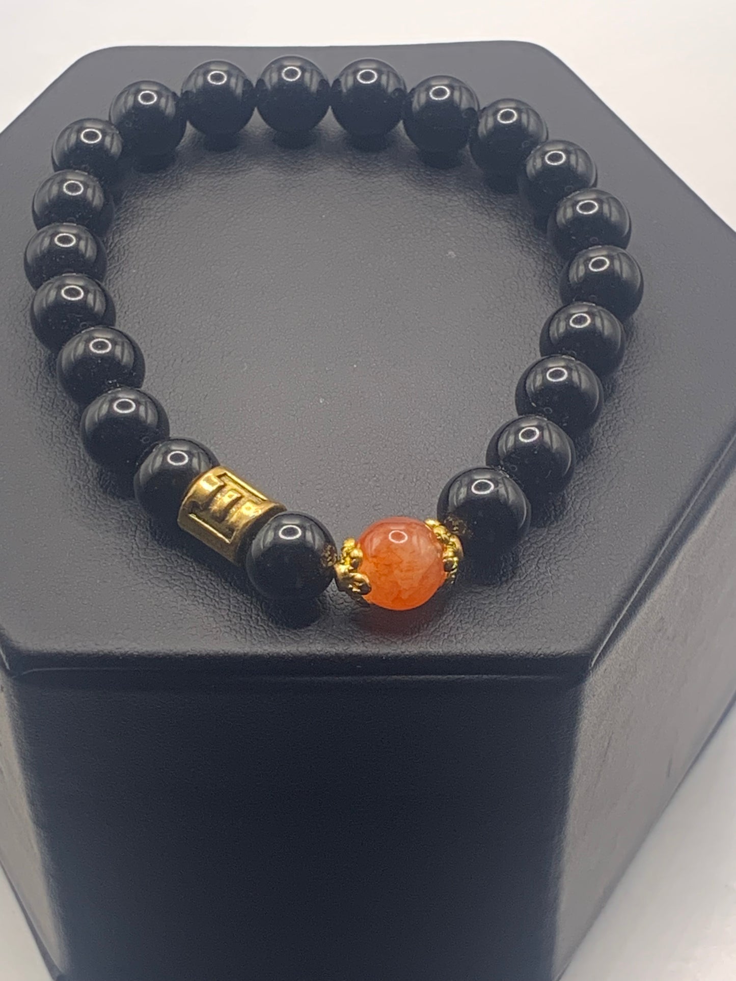 Gemini Zodiac black obsidian with phoenix agate elastic beaded bracelet with gold accents